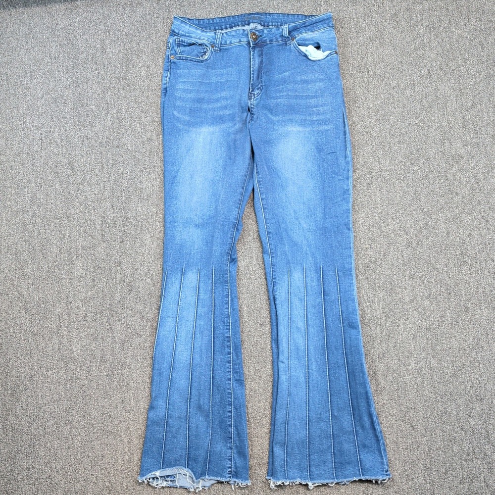 Spoon Jeans Y2K Pintuck Pleated Flare Leg Jeans 18 Blue Denim Raw Hem Boho Retro